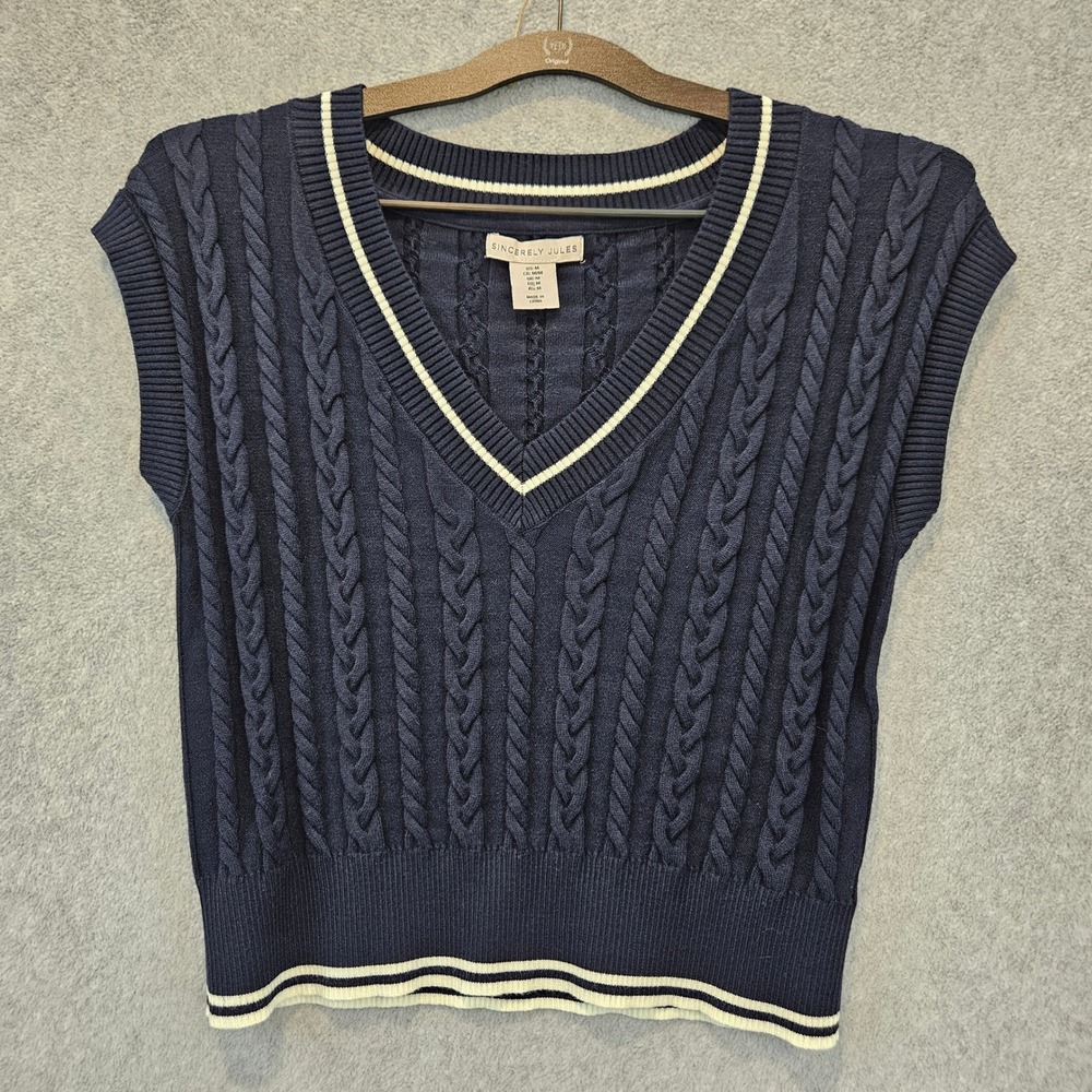 SINCERELY JULES | Navy Blue Cable Knit Sweater Vest V-Neck Varsity Stripe Size M